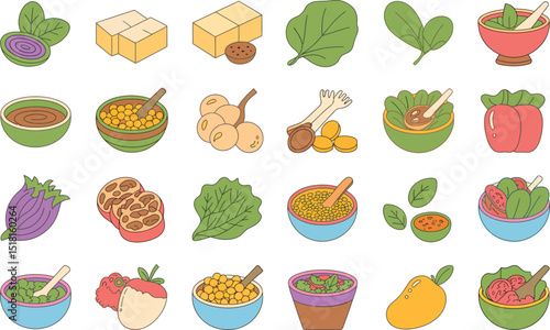 Wholesome vegan food illustration tofu spinach and fresh produce collection