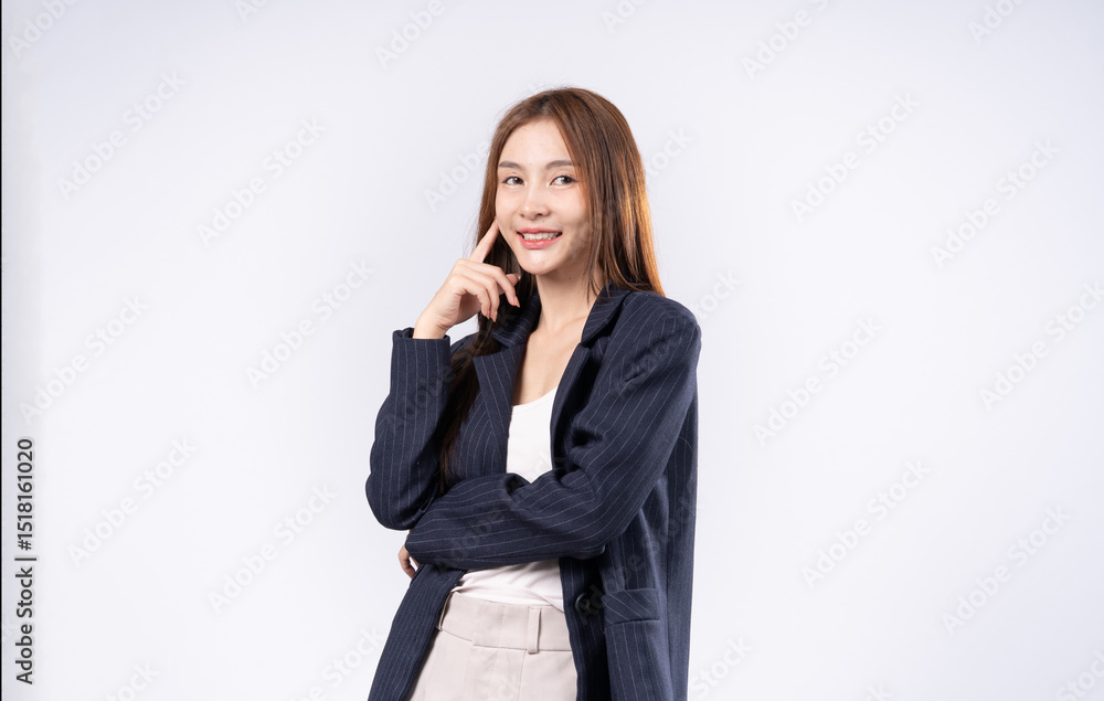 Beautiful Asian woman with brown hair in suit posing thinking portrait in studio on white background Beautiful Asian woman with brown hair in suit posing thinking portrait in studio on white background