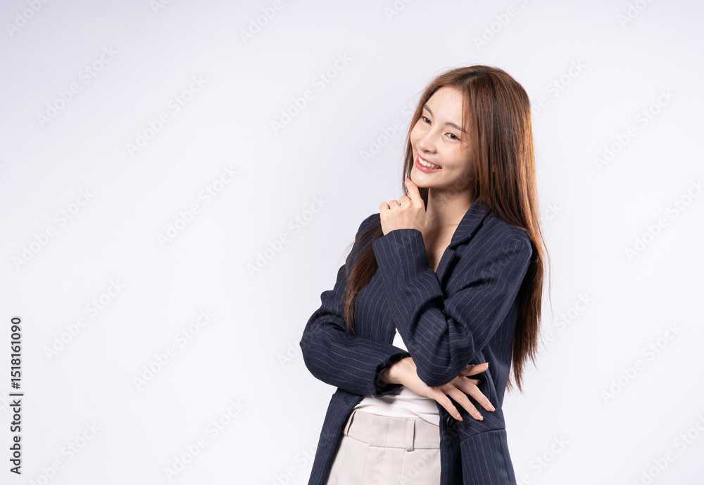 Beautiful Asian woman with brown hair in suit posing thinking portrait in studio on white background Beautiful Asian woman with brown hair in suit posing thinking portrait in studio on white background