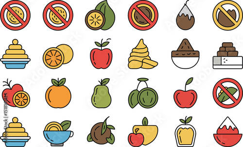 Food allergen icons set with restriction signs fresh fruits and desserts