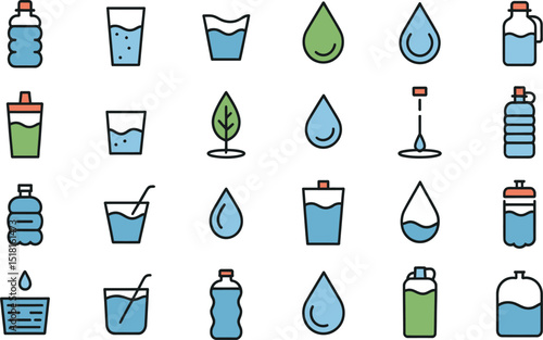 Water icons set in flat design fresh clean water concept design