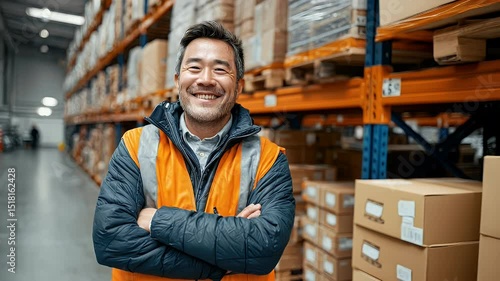 Smiling warehouse worker in safety vest stands confidently among stacked boxes in a busy distribution center (1)