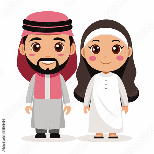 Arab Couple in Traditional Clothing. A Charming Cartoon Illustration