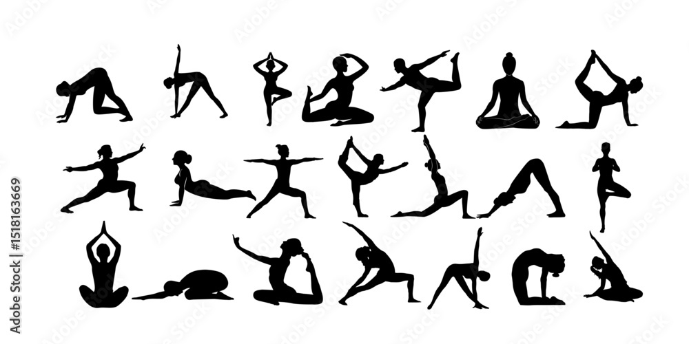 Vector silhouettes of women in various yoga and fitness poses for exercise and health illustrations Vector silhouettes of women in various yoga and fitness poses for exercise and health illustrations