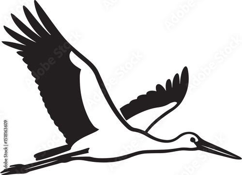 Stork in flight black and white drawing, Elegant bird flying vector style
