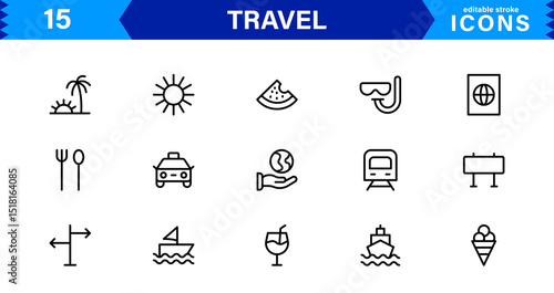 Travel Icon Set Featuring Airplane, Luggage, Destination, Passport, and Vacation Symbols in Clean, Professional Vector Design for Stock Use