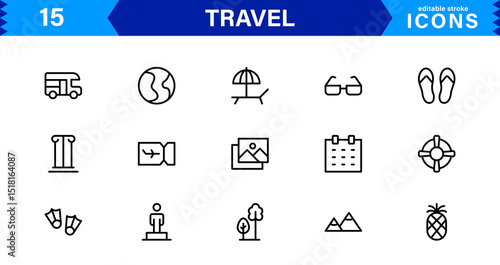 Travel Icon Set Featuring Airplane, Luggage, Destination, Passport, and Vacation Symbols in Clean, Professional Vector Design for Stock Use