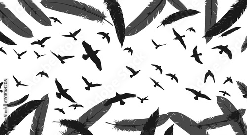 Silhouettes of Birds in Flight with Falling Feathers