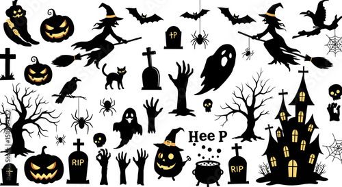 Spooky Halloween Silhouettes Featuring Witches Pumpkins and Ghosts