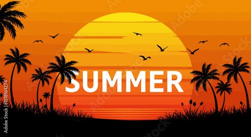 Tropical Sunset Summer Scene with Palm Trees