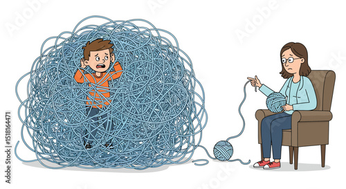 Boy Trapped in a Tangled Ball of Yarn Woman Knitting Nearby