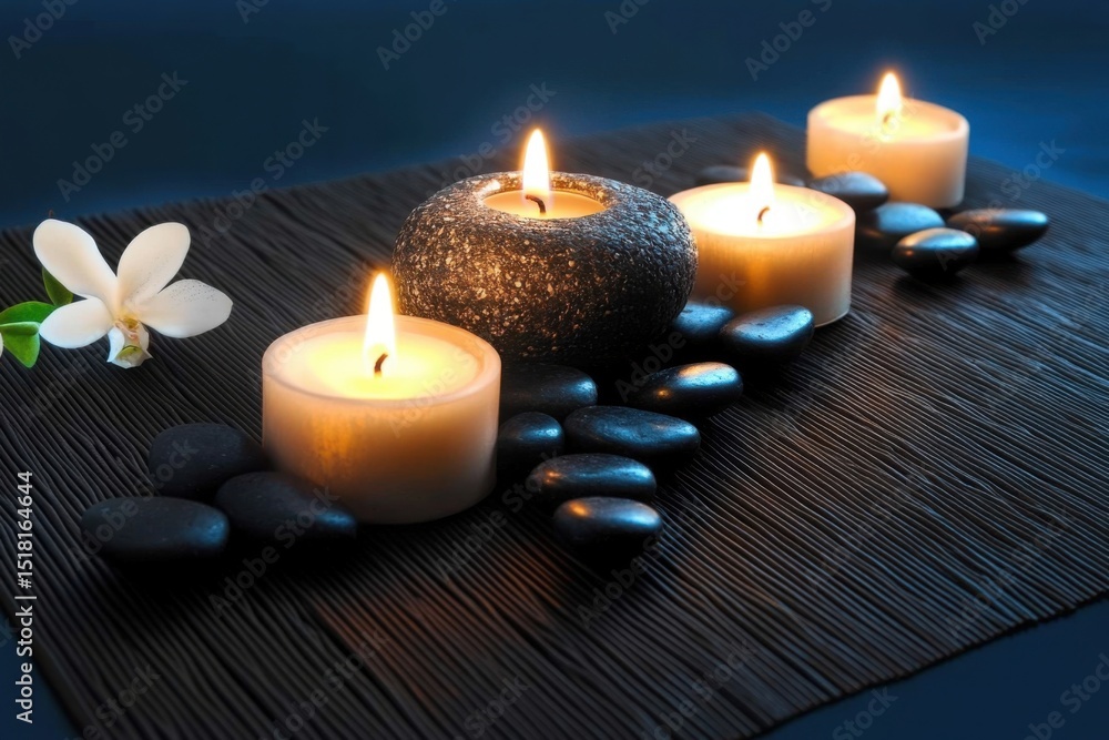 candles and black stones on black mat candles and black stones on black mat