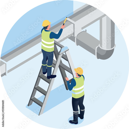 Indoor scene of two HVAC technicians wearing helmets and vests, working on industrial air duct installation along the ceiling.