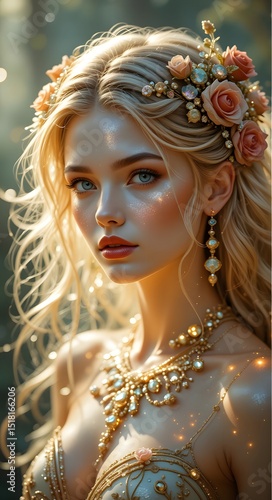 Enchanted Goddess Golden Jewelry Fantasy Portrait