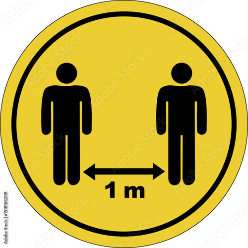 Yellow circle sticker. Keep a distance of 1 meters. Social distance. Warning icon.