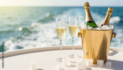 Two champagne glasses beside ice bucket on yacht deck with ocean view  
