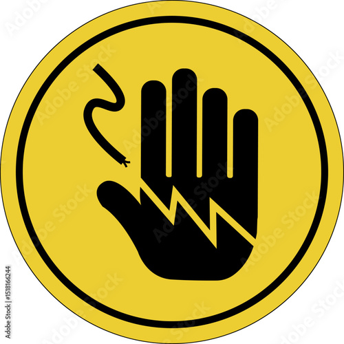 Yellow circle sticker. High voltage cable. Warning icon. Do not touch.