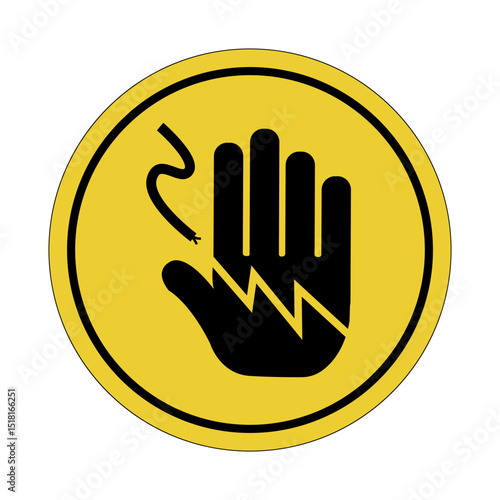 Yellow circle sticker. High voltage cable. Warning icon. Do not touch.