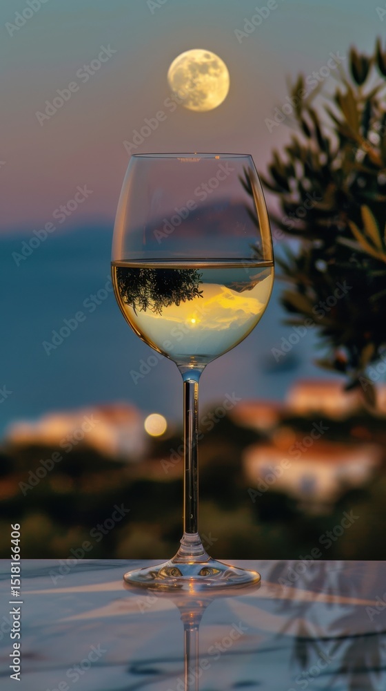 Obraz premium Glistening glass of white wine with a full moon rising over a coastal landscape at twilight