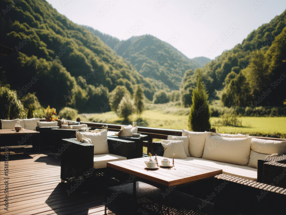 Fototapeta premium Terrace restaurant at Mountain Grassland Hotel with modern furniture and black sofas, outdoor tea set and coffee, Contemporary design meets natural tranquility in this elevated dining scene, leisure, 