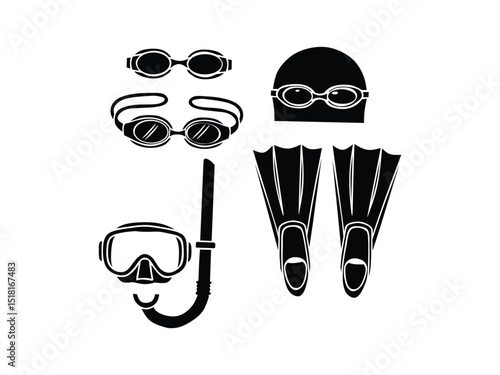 silhouette of a set of swimming equipment isolated with white background 