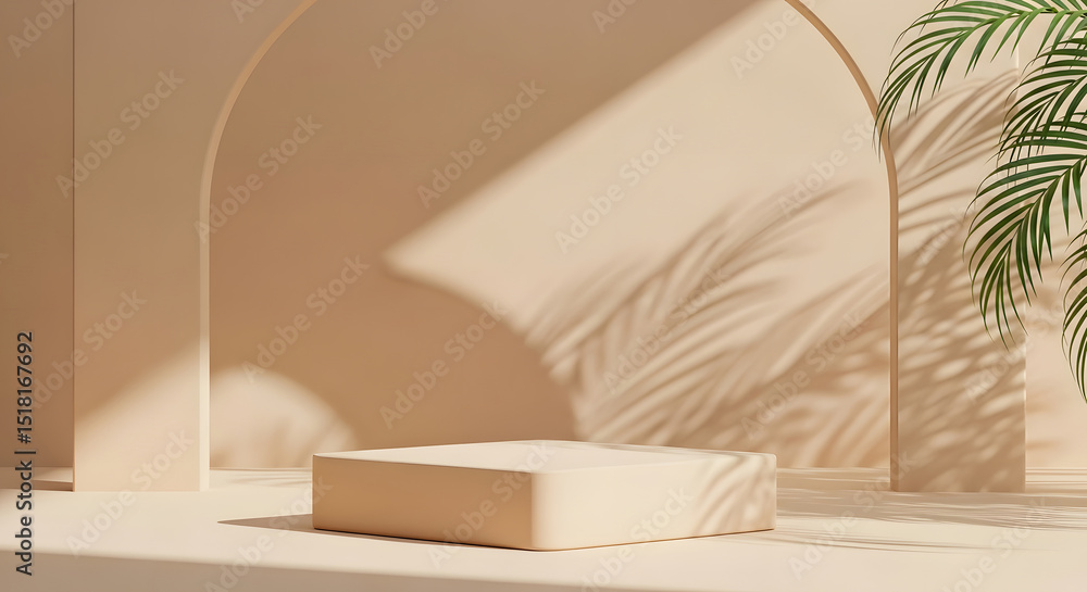 Beige 3D Render Podium Display with Palm Tree Shadows and Arches for Product Showcase and Beauty Presentation. Beige 3D Render Podium Display with Palm Tree Shadows and Arches for Product Showcase and Beauty Presentation.