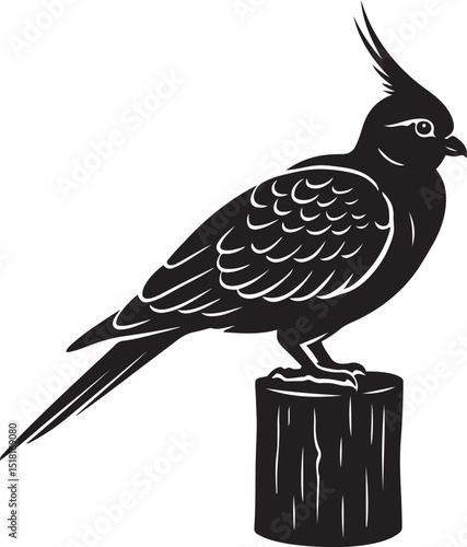 Parrot perched on stump silhouette art, Tropical bird resting vector drawing