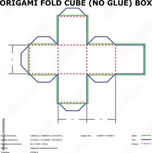 Origami fold cube no glue box template diagram