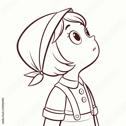 Young girl looking up with curiosity in vintage-style illustration  