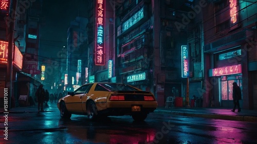 Retro yellow car in cyberpunk asian city at night