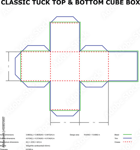 Classic tuck top bottom cube box die cut template diagram
