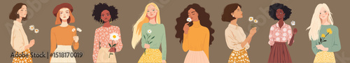 Diverse women holding flowers element vector set