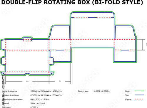 Double flip rotating box bi fold style packaging template die cut design