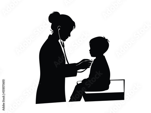 silhouette of doctor examining child patient isolated with white background 
