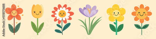 Cheerful cartoon flower illustrations, vector set