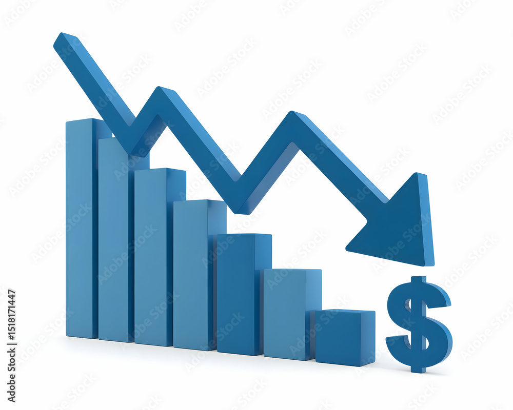 3D Blue Bar Graph Showing a Sharp Decline in Dollar Value 3D Blue Bar Graph Showing a Sharp Decline in Dollar Value