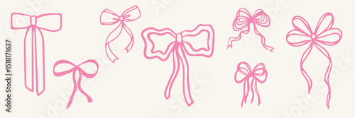 Set of various pink line bows, gift ribbons. Bowknots hand drawn, flat style. Fashionable vector illustration. Hair accessories. Bow knots for gift wrapping. Gift bows, Celebration, party