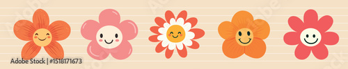 Colorful smiling cartoon flowers, element vector set