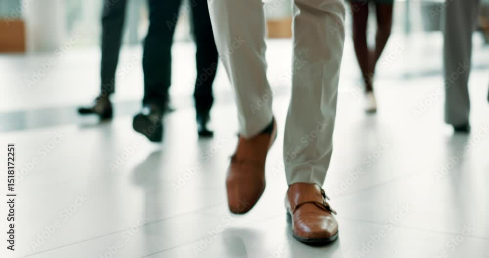Floor, business people and legs in office for walking, workplace and arriving for finance seminar. Morning, professional employees and shoes in company building for conference, movement and leaving Floor, business people and legs in office for walking, workplace and arriving for finance seminar. Morning, professional employees and shoes in company building for conference, movement and leaving