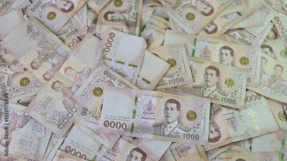 money banknote thai baht, pile of one thousand thai baht banknotes, savings money and financial business concept