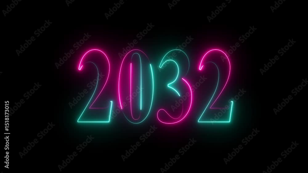 2032 Happy new year neon animated on a black background. Sparkling animated numbers 2032. 2032 Happy new year neon animated on a black background. Sparkling animated numbers 2032.