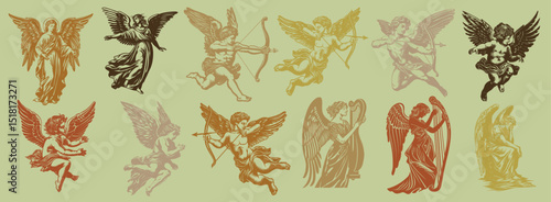 Vintage angelic cherub illustrations, element vector set