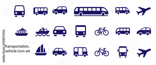 Transportation, vehicle icon 50 set. Vector glyph pictograms of travel, logistics, public transit concepts, car, train, bus, bicycle, boat, and airplane black silhouette