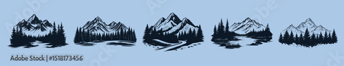 Serene mountain landscape illustrations, element vector set