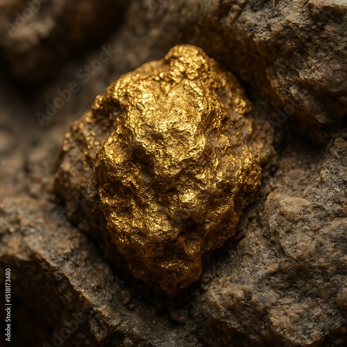 High-resolution macro shot of unrefined gold nugget in natural rock formation, symbolizing wealth, mining, and raw precious metals. Generative AI