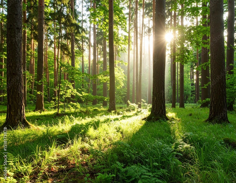 Obraz premium Lush green forest with sunlight filtering through trees, peaceful nature, fresh air feeling, environmental concept, tranquil scene