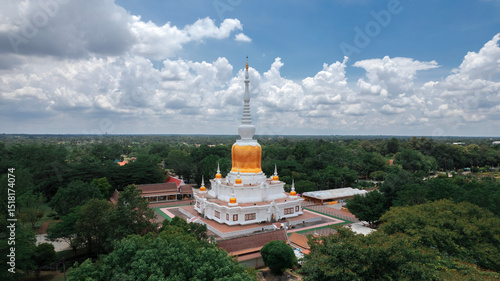 Aerial View Phra That Na Dun temple pagoda is an important and famous temple in the northeastern region of Thailand. in Maha Sarakham Province, Thailand.