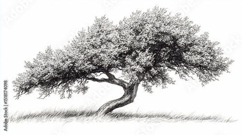 Detailed pencil sketch of a windswept tree, its branches reaching out against a white background, with minimal grass at its base