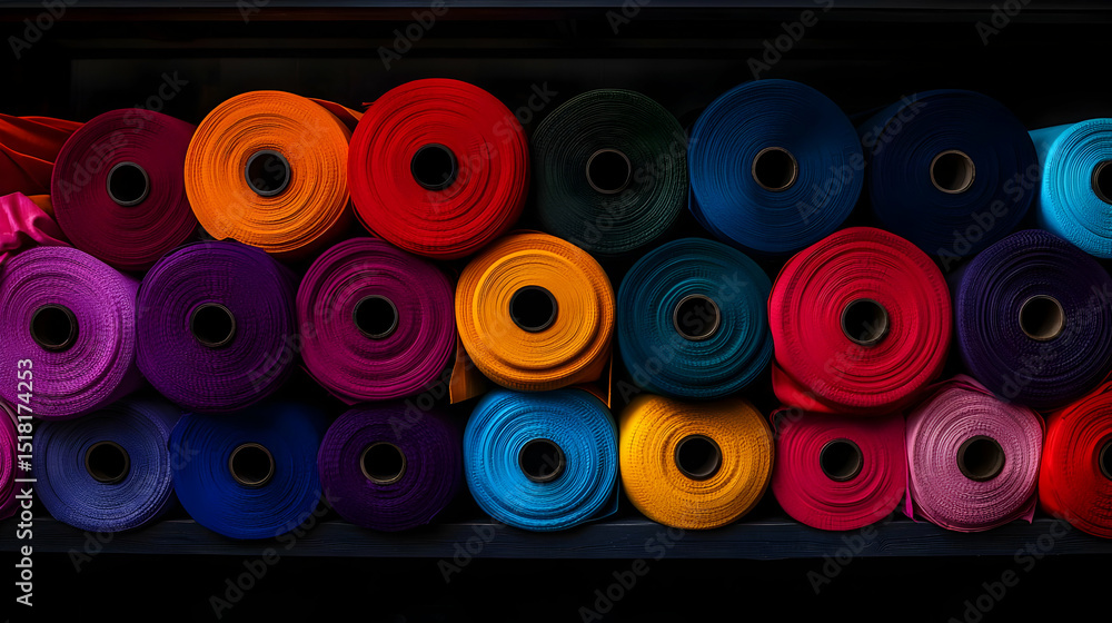 Colorful Fabric Rolls Displayed on Shelf Colorful Fabric Rolls Displayed on Shelf