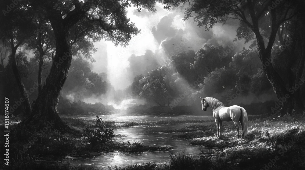 Fototapeta premium Majestic white horse in a serene forest glade bathed in sunlight